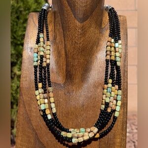 Sterling Silver Multi Strand Black Onyx Turquoise Bead Necklace. 22 Inch